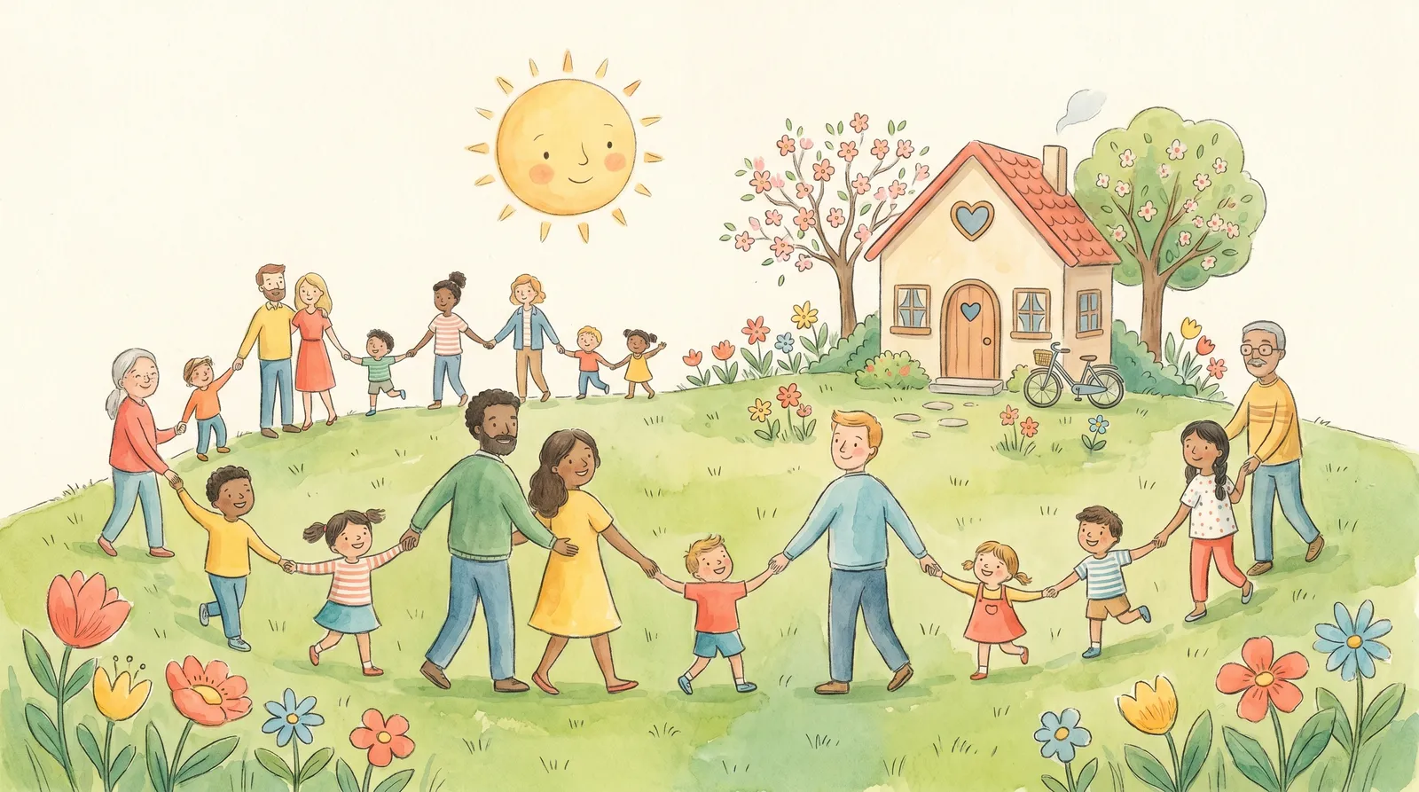 Illustration: Kinder und Eltern bei einem gemeinsamen Ausflug vor einem kleinen Haus